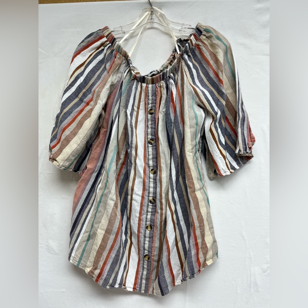 Boho “Speed Limit” Striped Button-Front Off-Shoulder Peasant Top  70’s vibe